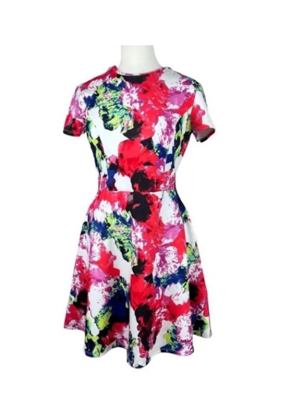 Milly White Floral Midi Dress with Pink, Red, Blue and Green Print